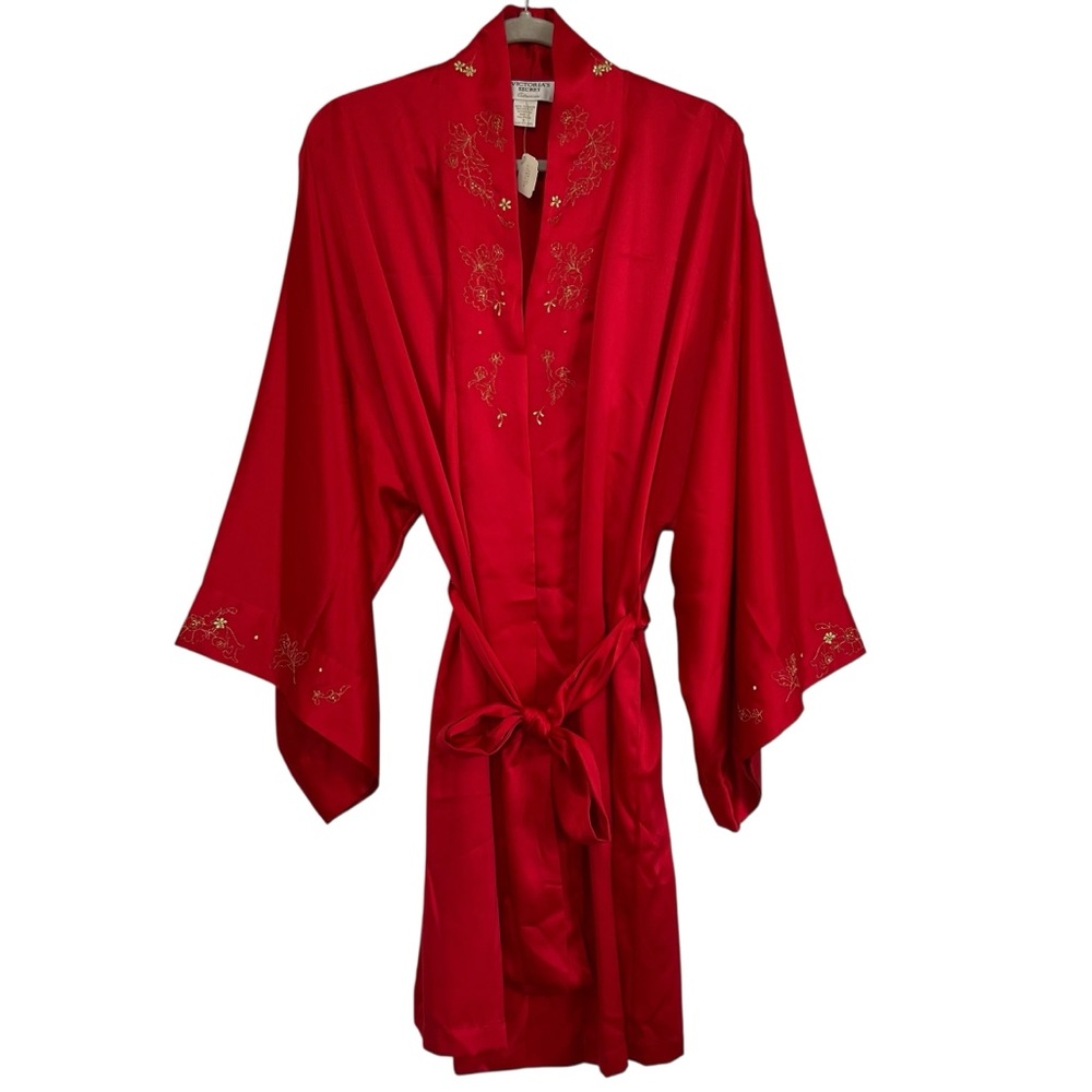 NWT 90s Victoria’s Secret Red Satin Kimono Robe Gold Floral Embroidery Small